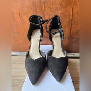 Jessica Simpson black suede ankle strap heels
